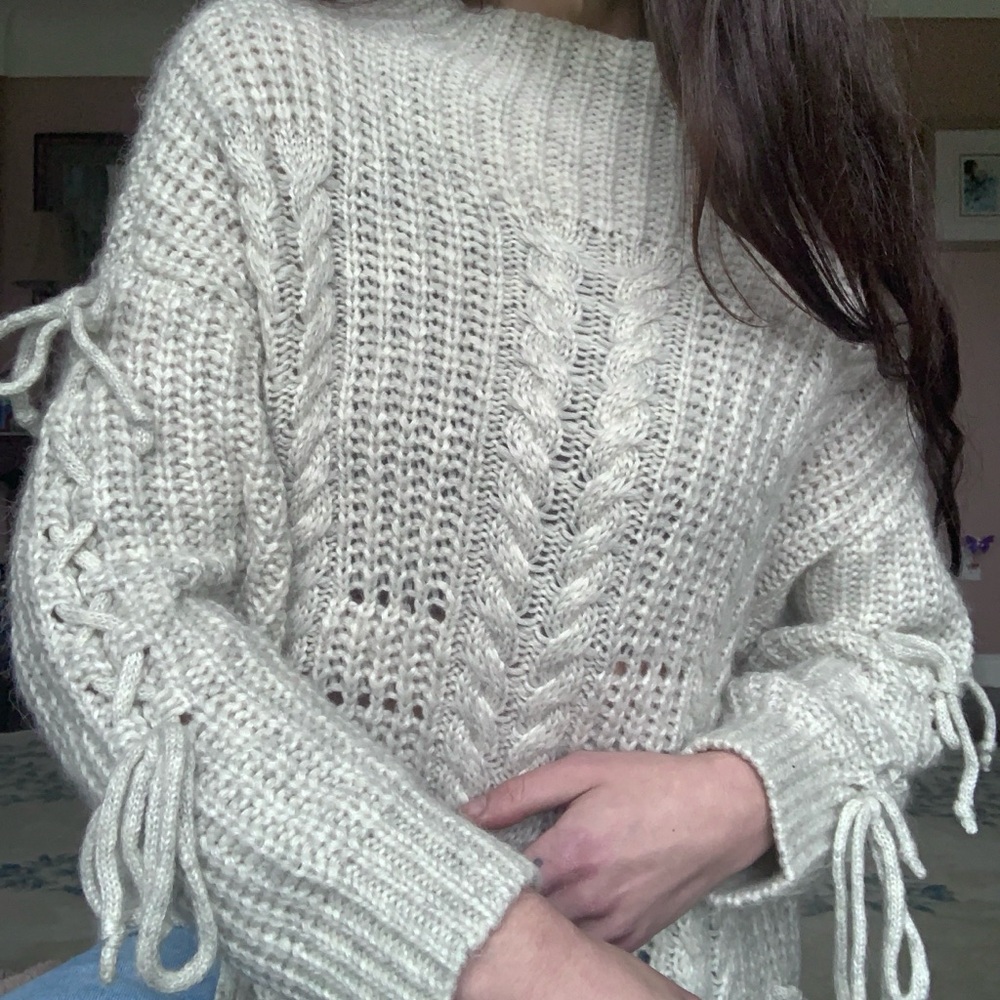 Guess gray knit lace-up braided sweater